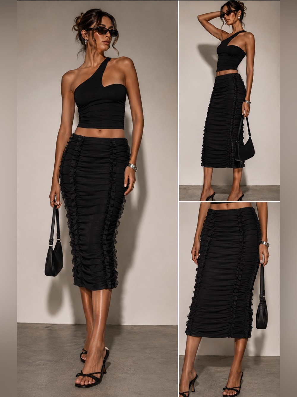 Susan Dell Made in Italy Black Ruched‎ Mesh Lined Midi Skirt Y2K Size 4